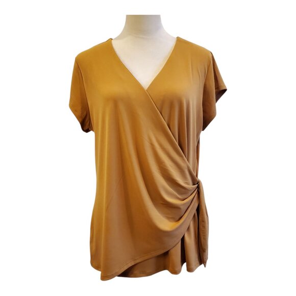 TAHARI SZ XL Faux Wrap Womens Top Camel Brown Short Sleeve V-neck Stretch Blouse - Picture 2 of 6